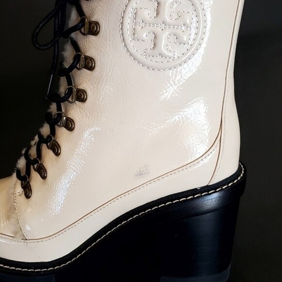Tory Burch Miller Shearling Lug Sole Bootie Boots SPAIN Brie Leather Fur Lining - Picture 12 of 12